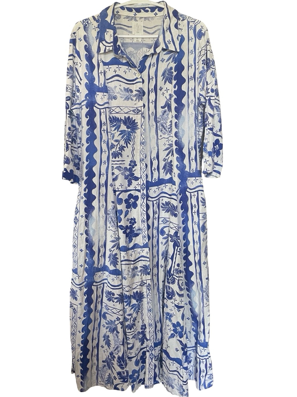Joie Linen Blend Blue White Tropical Hibiscus Shirt Dress L Pockets